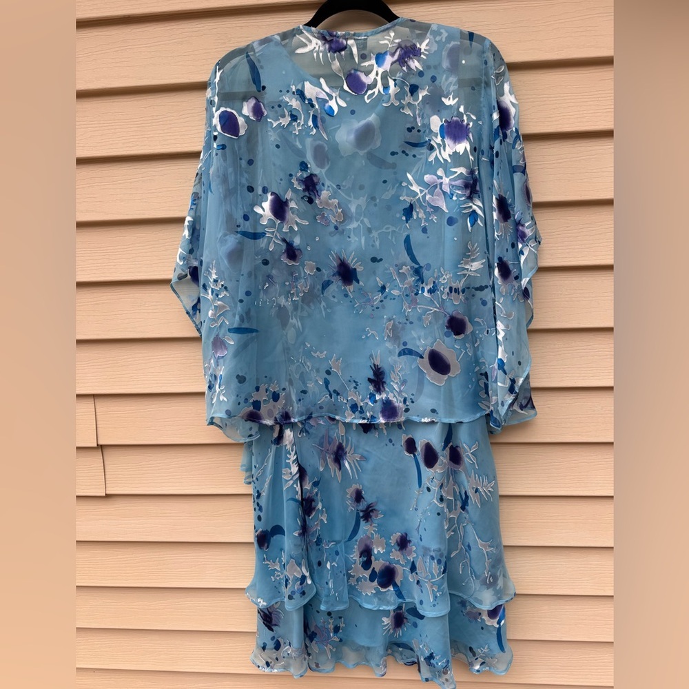 2Piece Set Blue Silk Floral Dress Sheer Overlay Sz Large NWT layered hem - Picture 7 of 16